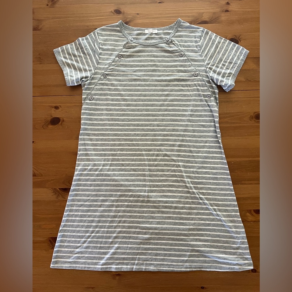 Ekouaer Nursing Dress Size Large Grey and White Stripes Button-Up